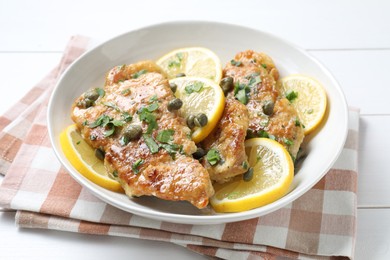 Delicious chicken piccata on white table, closeup