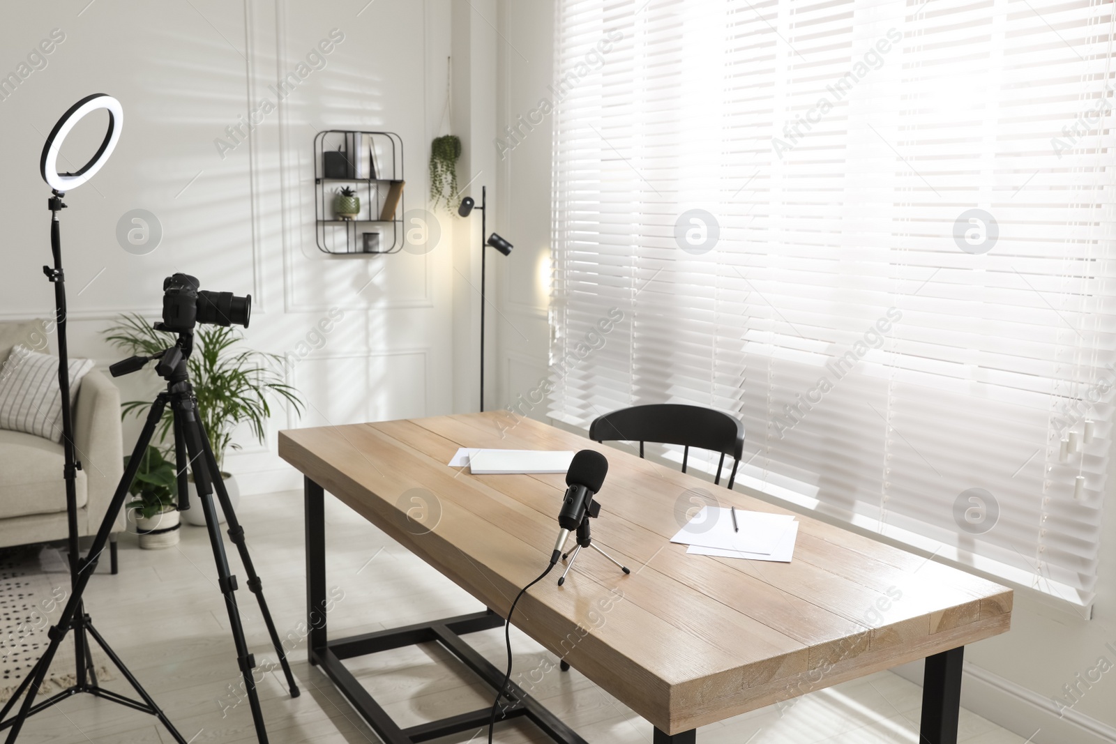 Photo of Ring light, camera and microphone for blogging in room