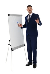 Professional business trainer near flip chart board on white background. Space for text