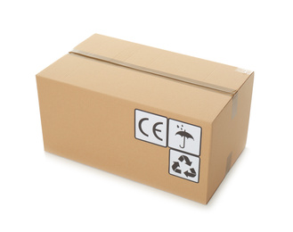 Cardboard box with different packaging symbols isolated on white. Parcel delivery