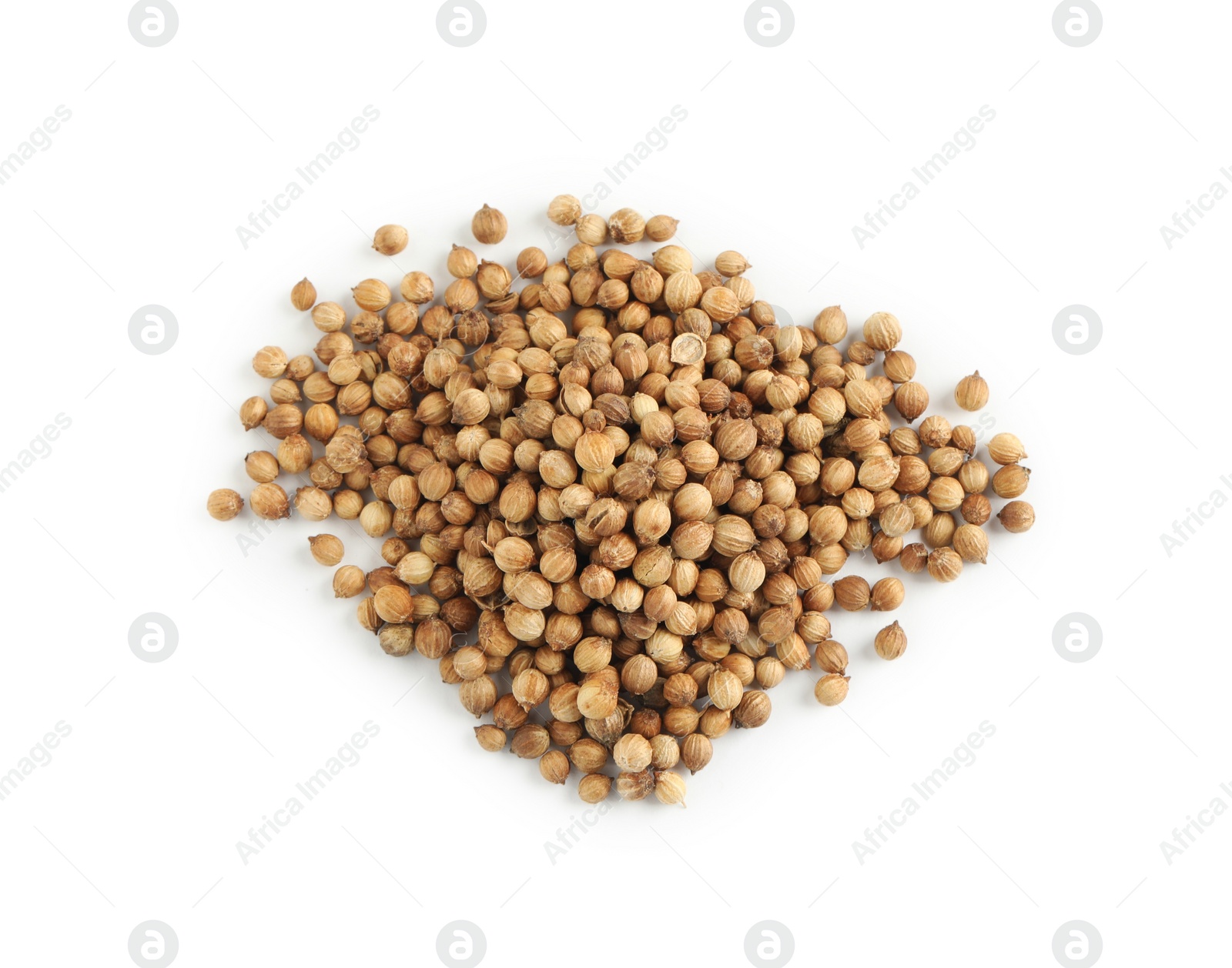 Photo of Heap of dried coriander seeds on white background, top view