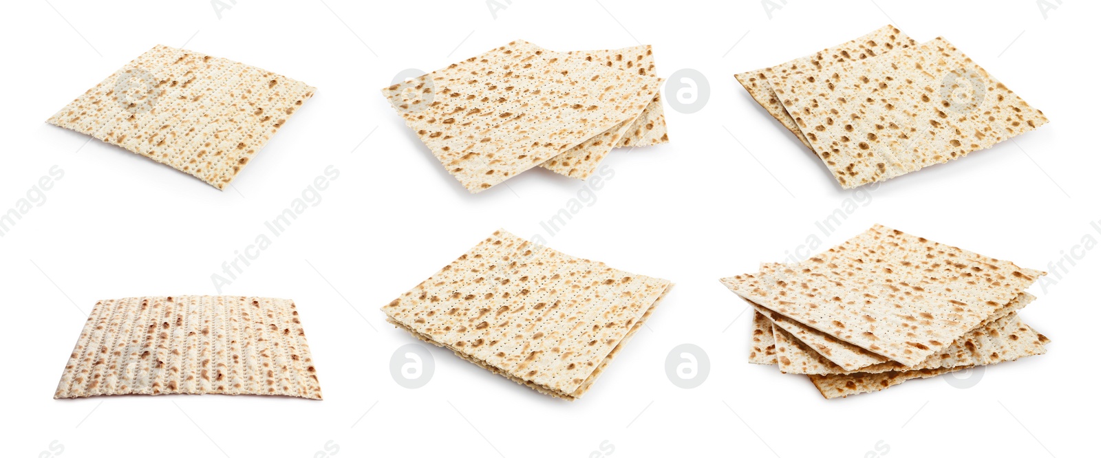 Image of Set with Passover matzos on white background, banner design. Pesach celebration