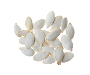 Photo of Pile of raw pumpkin seeds isolated on white, top view. Vegetable planting