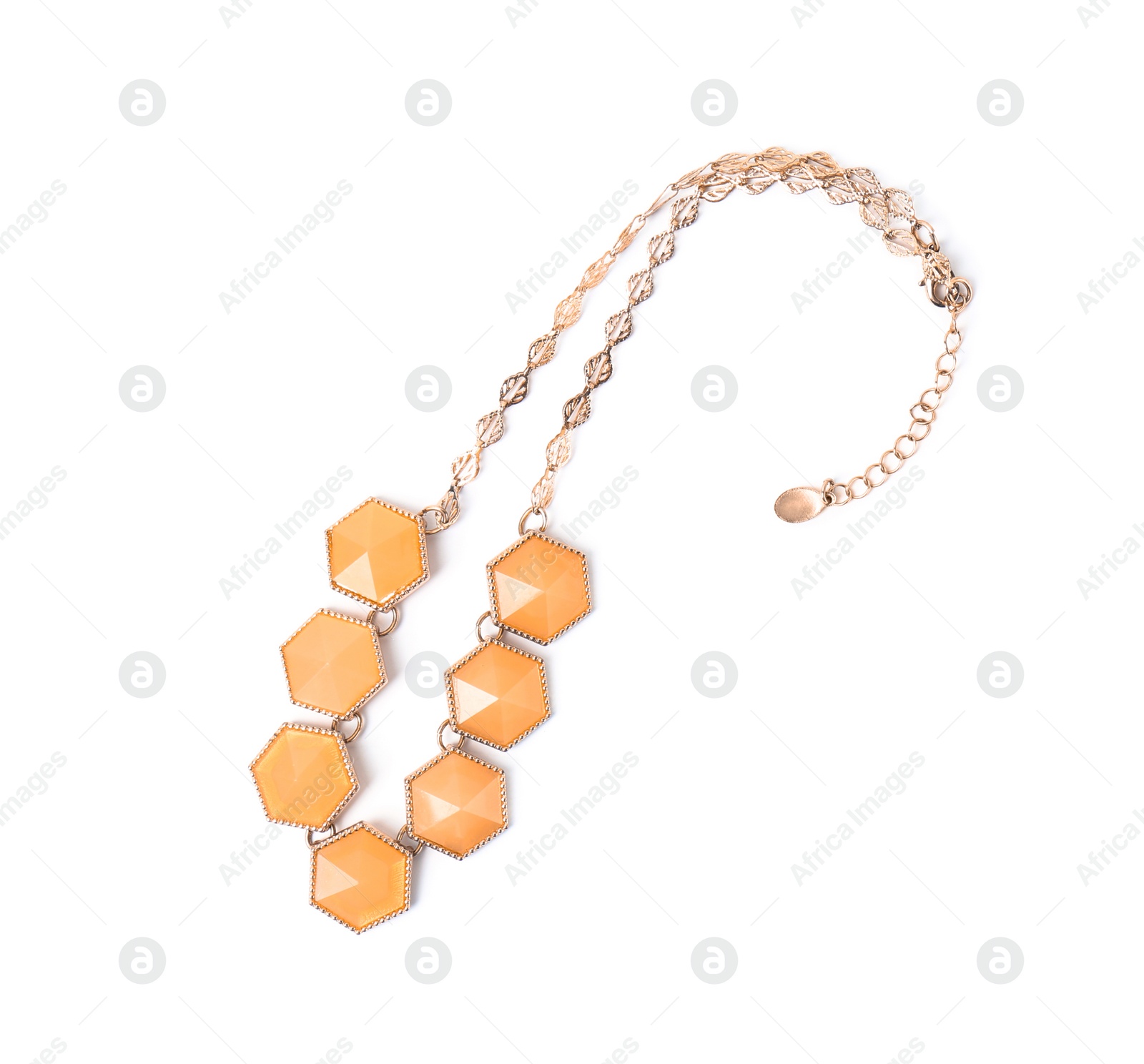 Photo of Elegant gold necklace with beautiful gems on white background, top view
