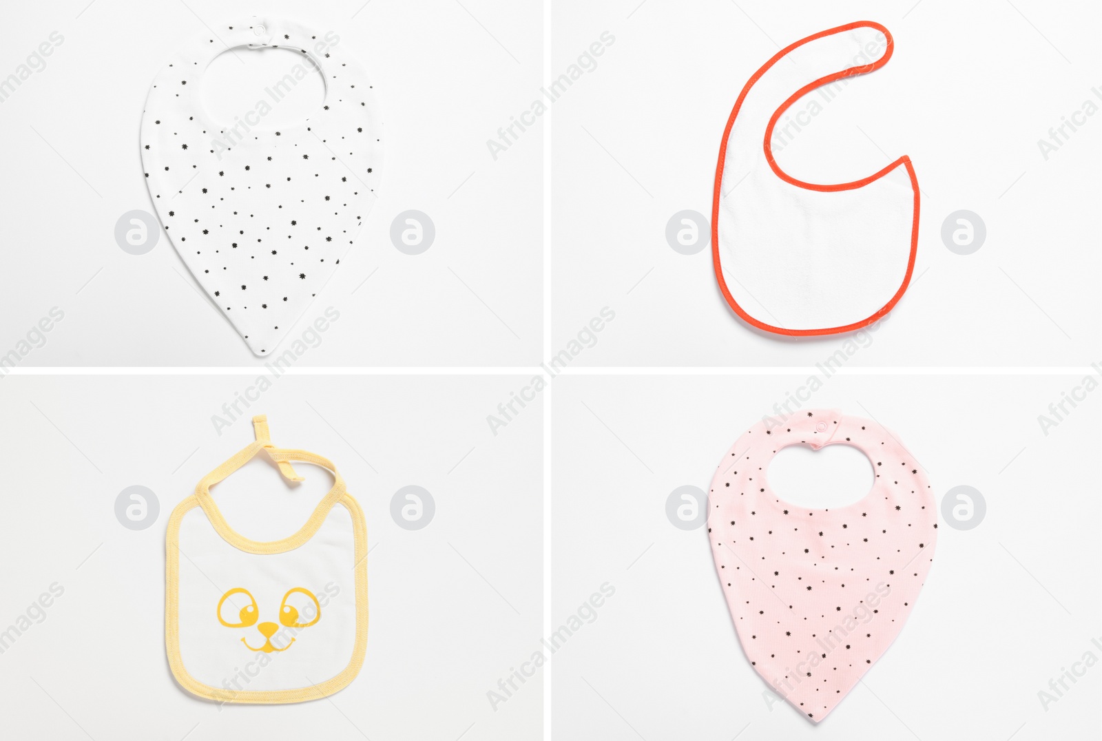 Image of Different baby bibs on light background, top view. Collage