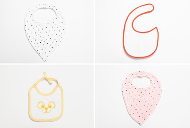 Image of Different baby bibs on light background, top view. Collage