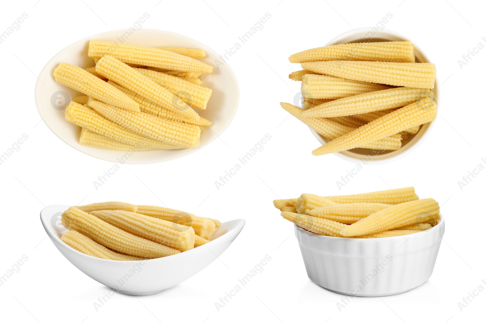 Image of Set with tasty baby corn cobs on white background 