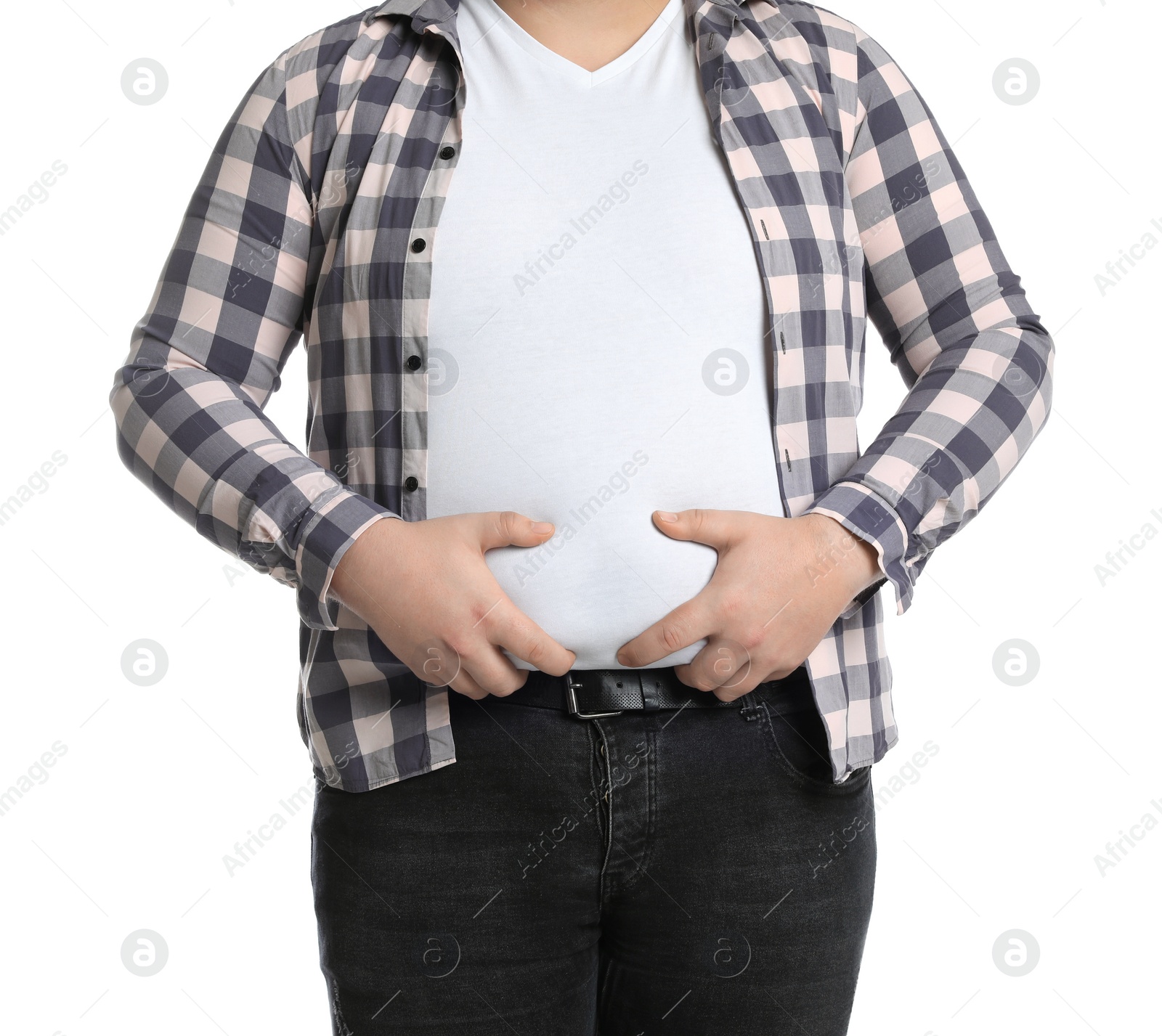 Photo of Overweight man in tight clothes on white background, closeup