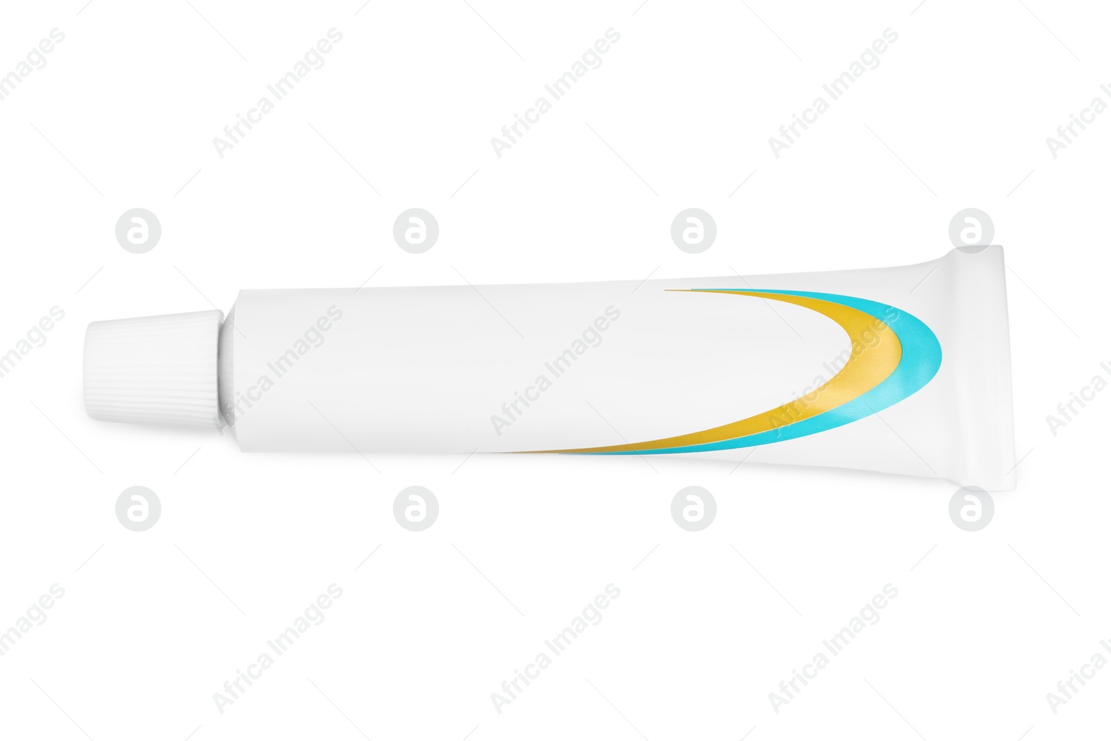 Photo of Tube of ointment isolated on white, top view. Space for text