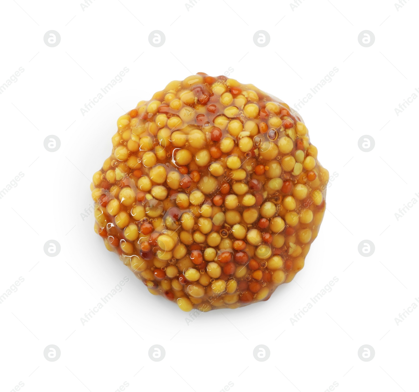 Photo of Fresh whole grain mustard isolated on white, top view