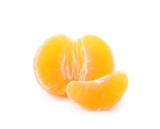 Photo of Pieces of fresh ripe tangerine on white background