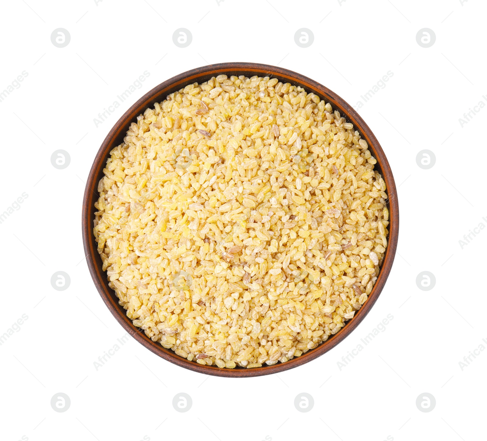 Photo of Raw bulgur in bowl isolated on white, top view