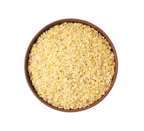 Raw bulgur in bowl isolated on white, top view