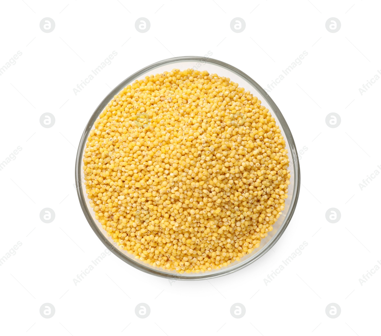 Photo of Dry millet seeds in bowl isolated on white, top view