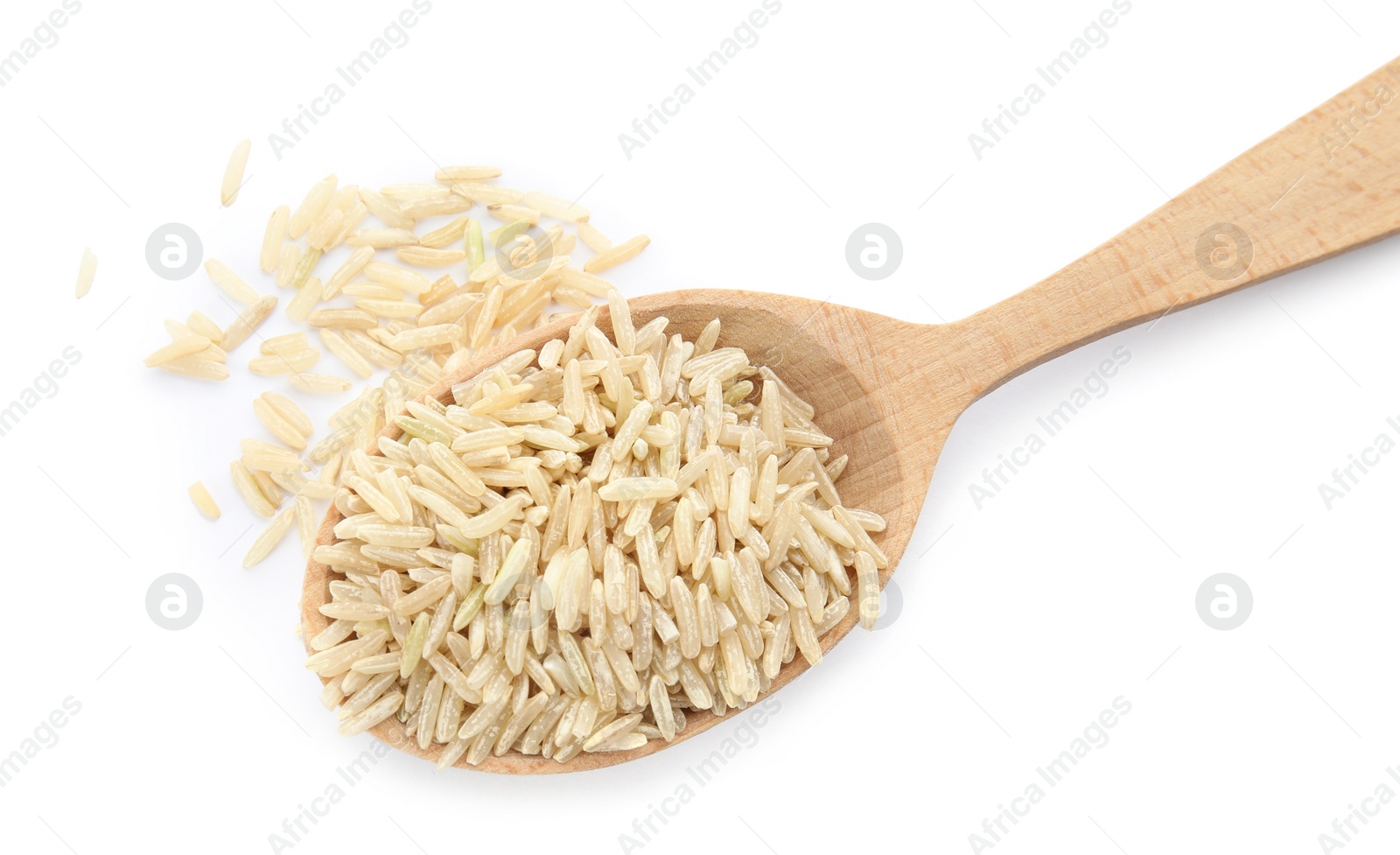 Photo of Wooden spoon with raw unpolished rice on white background, top view