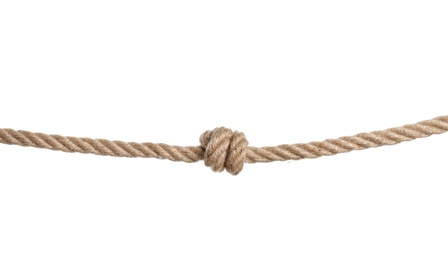 Cotton rope with knot on white background