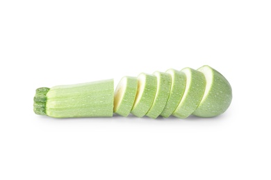 Photo of Cut green ripe zucchini isolated on white