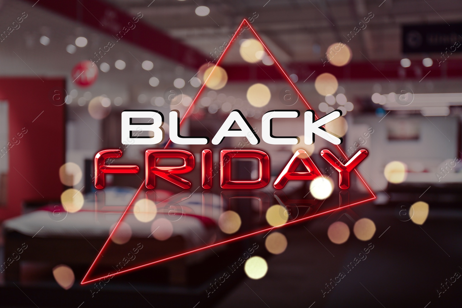 Image of Blurred view of furniture store in mall. Black Friday Sale. Black Friday Sale
