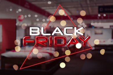 Image of Blurred view of furniture store in mall. Black Friday Sale. Black Friday Sale