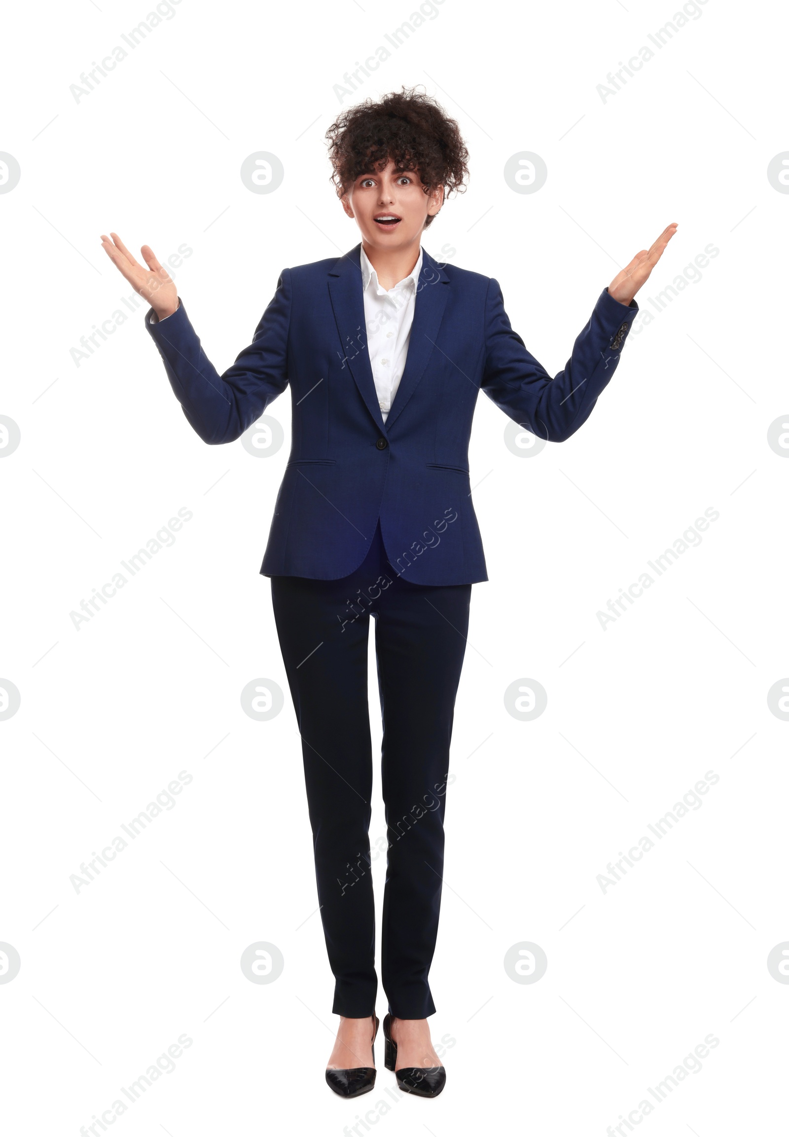 Photo of Beautiful young businesswoman in suit on white background