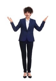 Beautiful young businesswoman in suit on white background