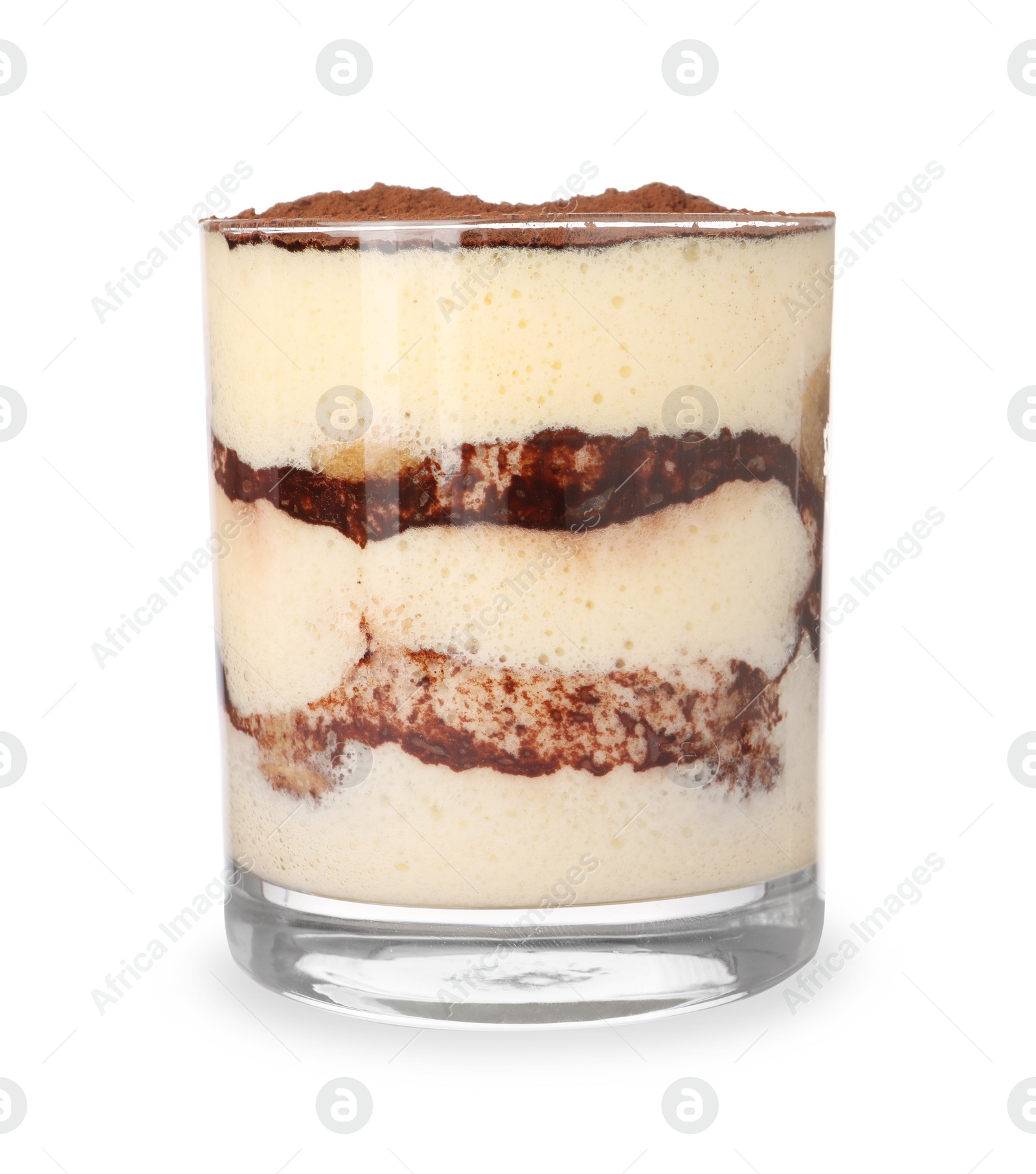 Photo of Delicious tiramisu in glass isolated on white