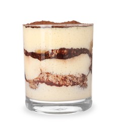 Photo of Delicious tiramisu in glass isolated on white