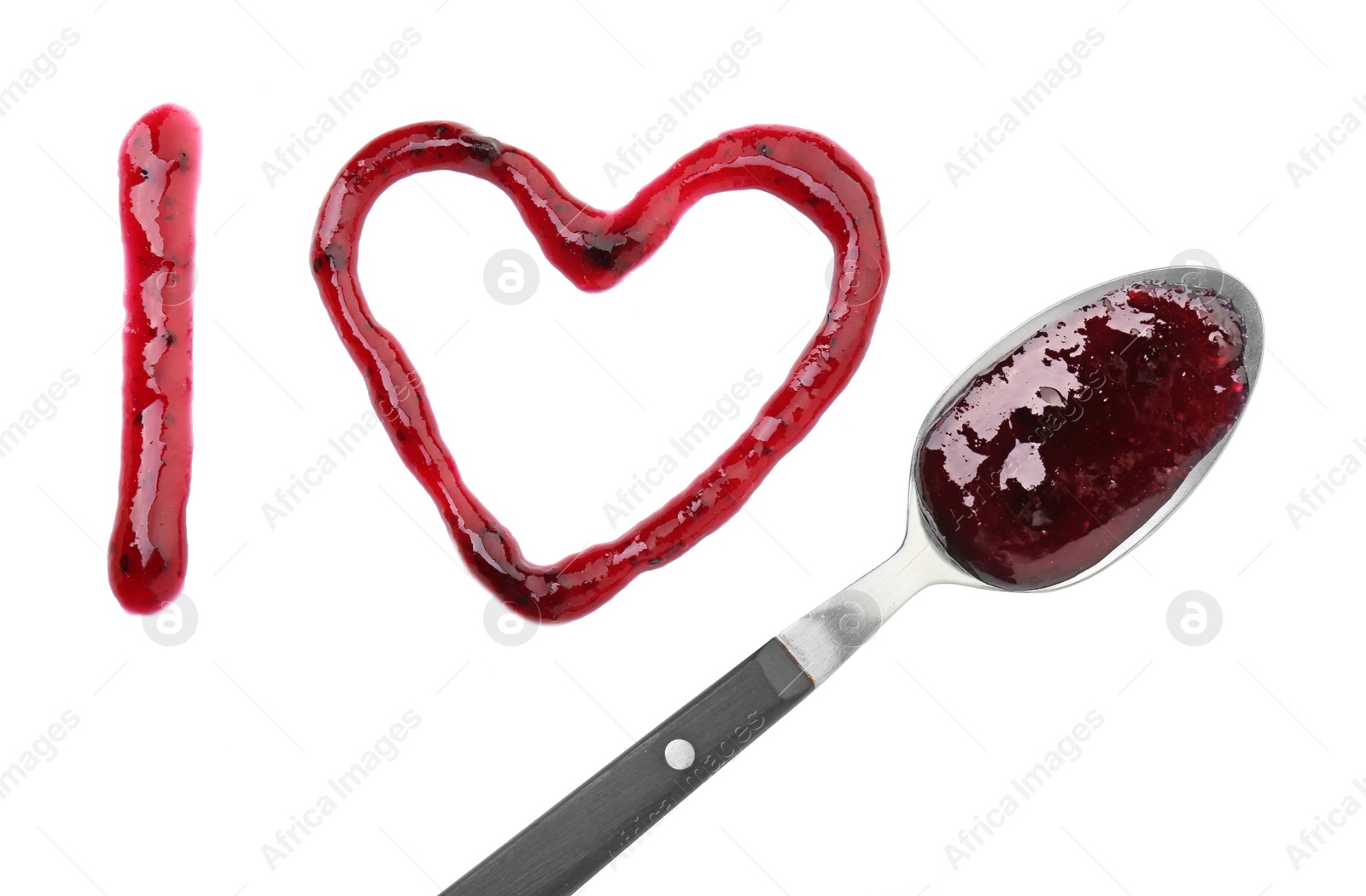 Photo of Letter I, heart made of tasty sweet jam and spoon isolated on white, top view