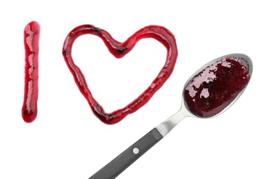 Letter I, heart made of tasty sweet jam and spoon isolated on white, top view