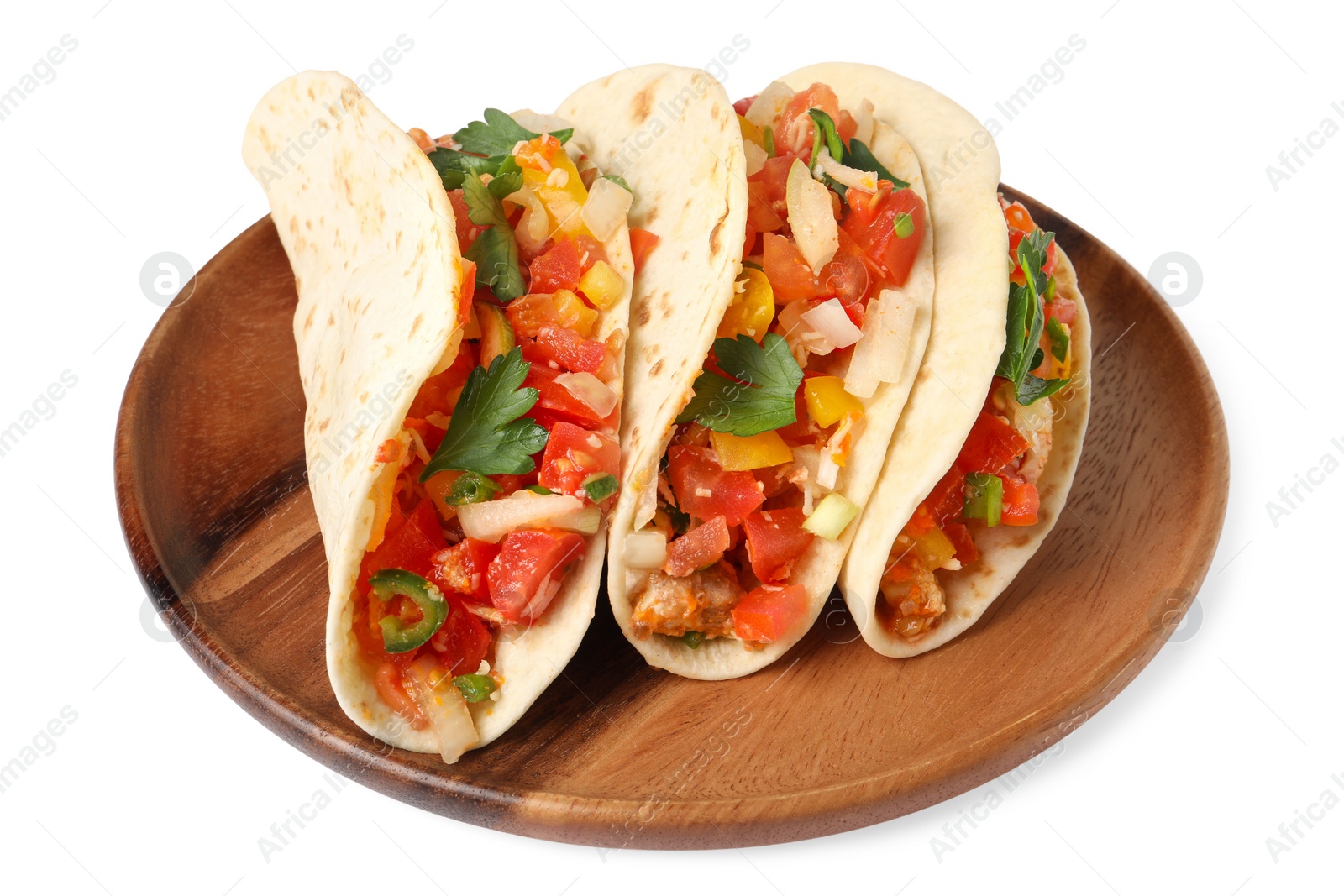 Photo of Delicious tacos with vegetables isolated on white