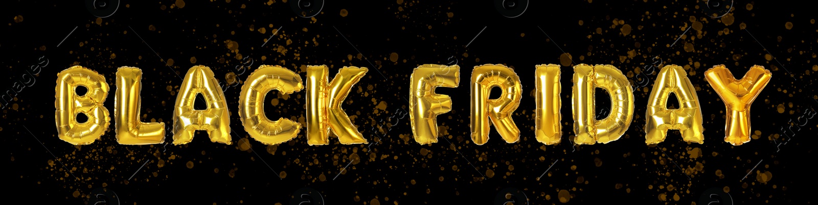 Image of Phrase BLACK FRIDAY made of foil balloon letters on dark background. Banner design