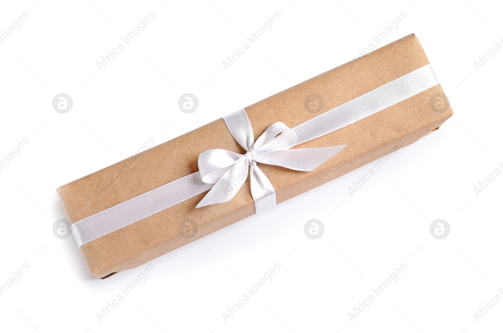 Photo of Beautifully wrapped gift box on white background, top view