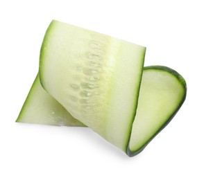 Photo of Slice of fresh cucumber isolated on white, top view