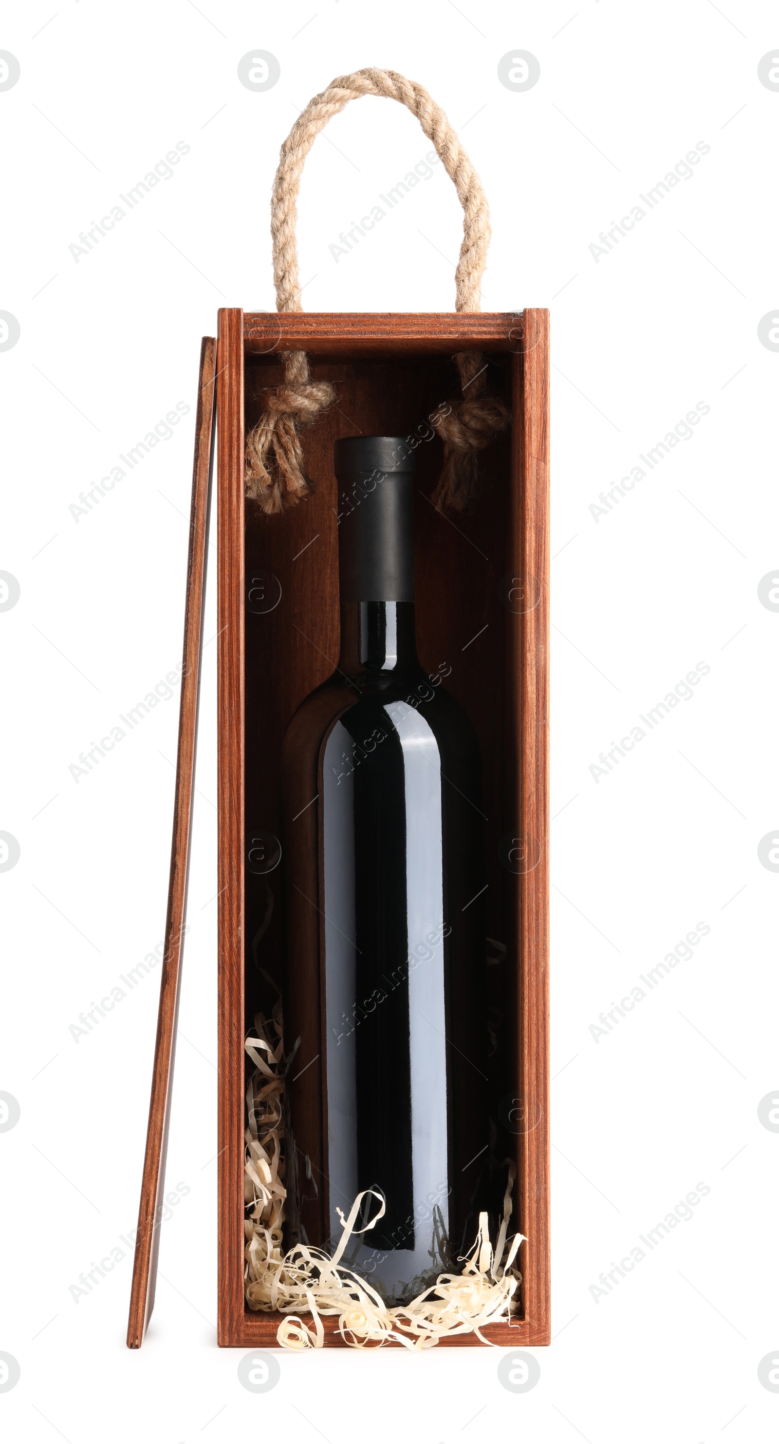 Photo of Wooden gift box with wine isolated on white