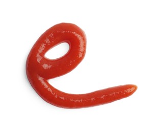 Photo of Letter E written with ketchup on white background