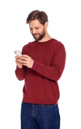 Man in casual clothes with smartphone on white background