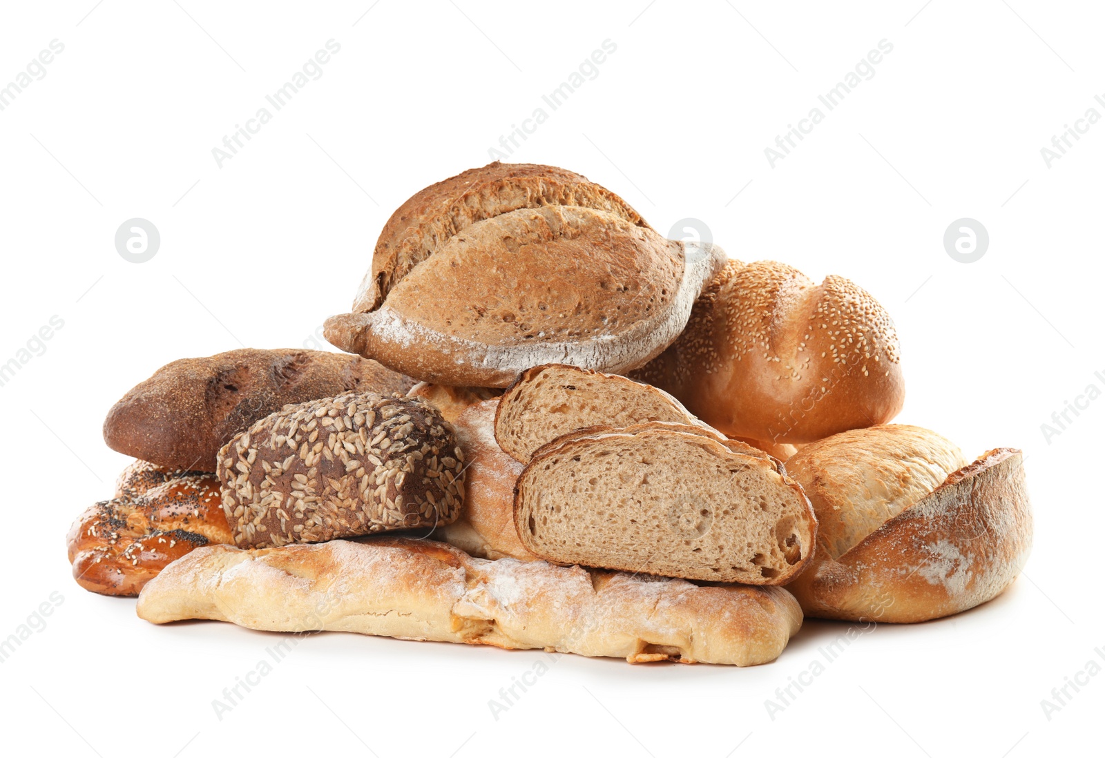 Photo of Different kinds of bread on white background