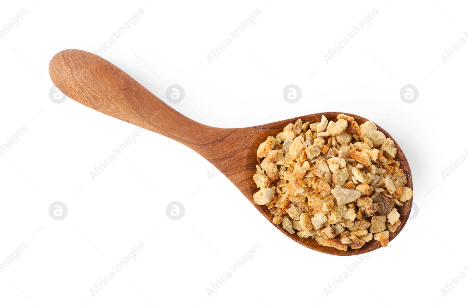 Photo of Spoon with dried orange zest seasoning isolated on white, top view