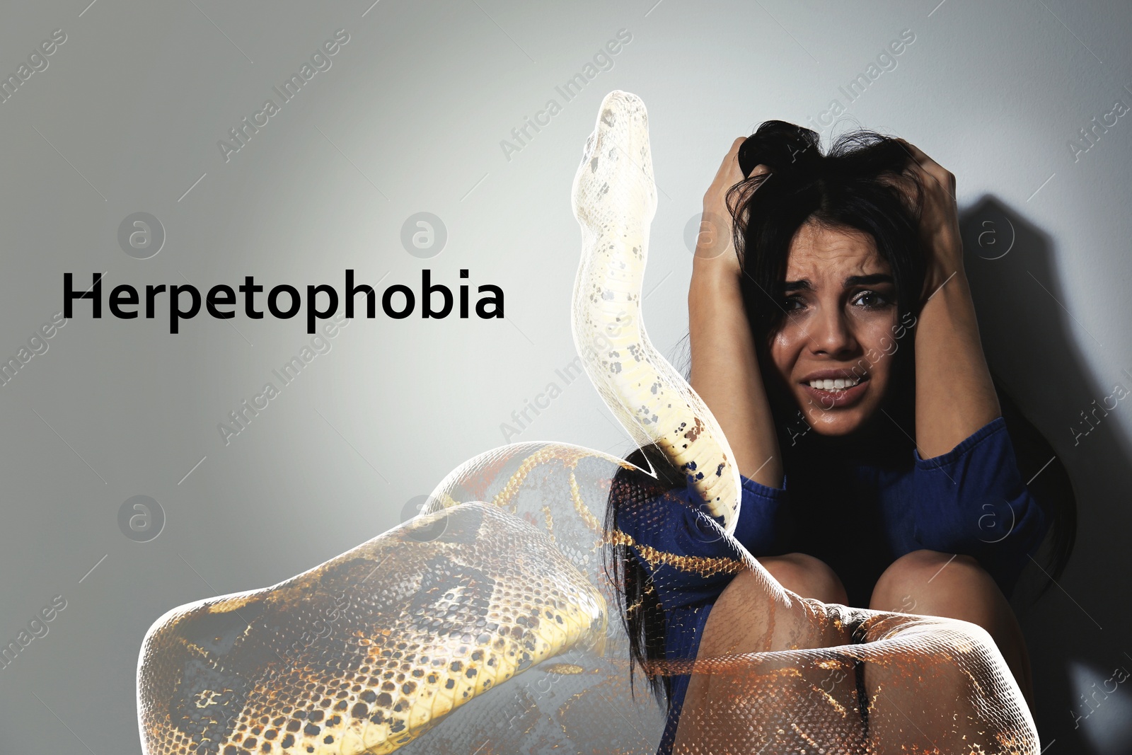 Image of Double exposure of scared young woman suffering from herpetophobia on light grey background. Fear or aversion to reptiles