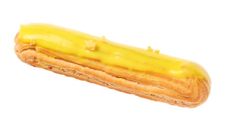 Delicious eclair covered with yellow glaze isolated on white