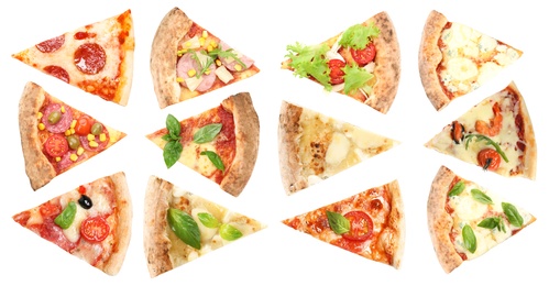 Set with pieces of different pizzas on white background, top view