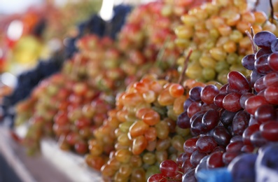 Photo of Fresh ripe juicy grapes on counter at market