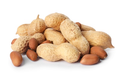 Photo of Raw peanuts on white background. Healthy snack