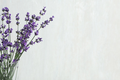 Beautiful lavender flowers in glass vase on light background, closeup. Space for text