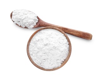 Photo of Wooden bowl and spoon of natural starch isolated on white, top view