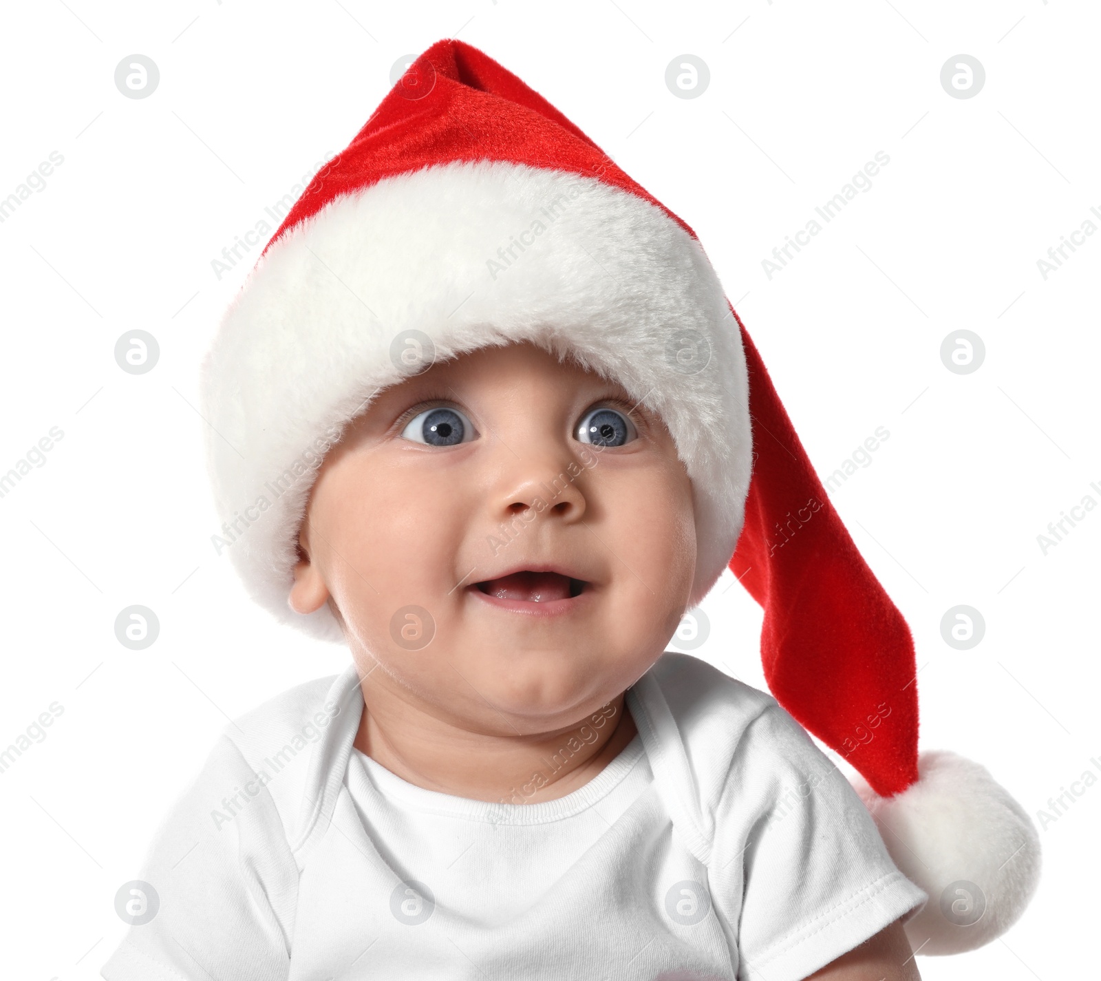 Photo of Cute baby in Santa hat on white background. Christmas celebration