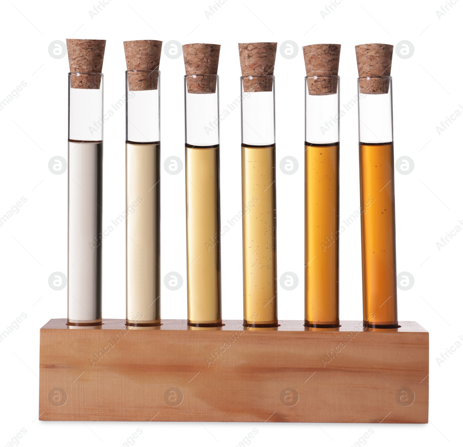 Photo of Test tubes with brown liquid in stand on white background