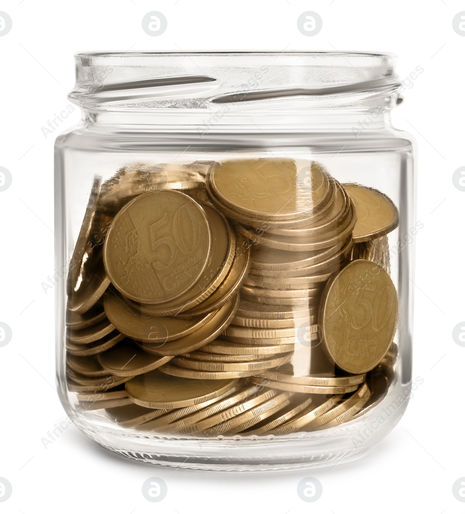 Photo of Glass jar with coins isolated on white