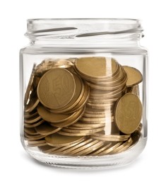 Photo of Glass jar with coins isolated on white