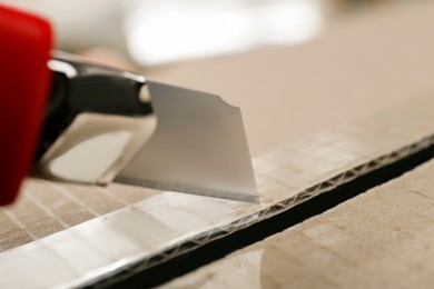 Using utility knife to open parcel, closeup